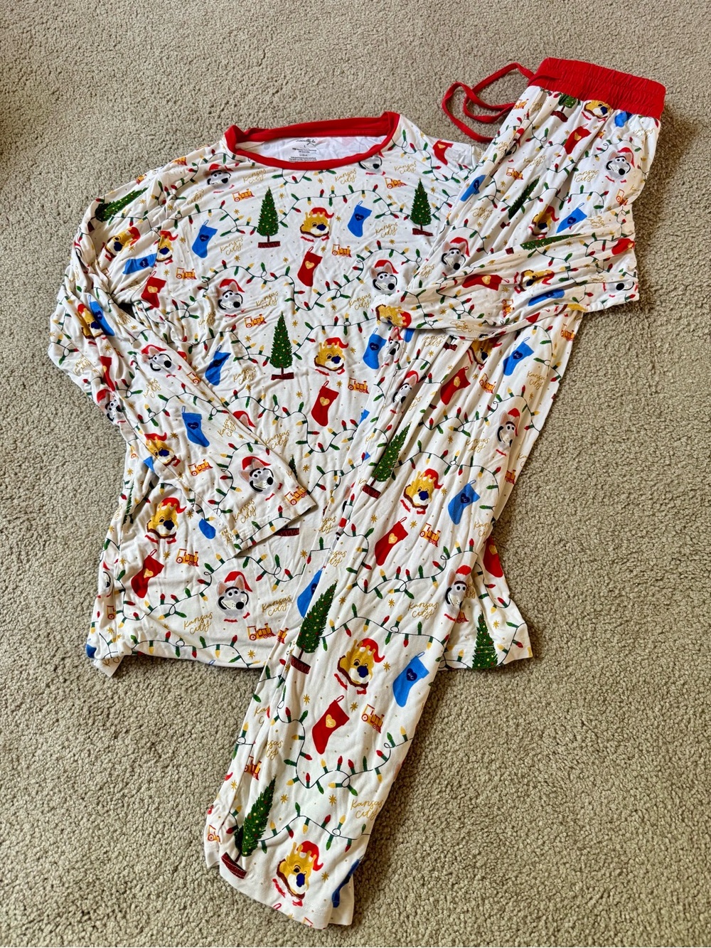 Basically KC Holiday Character Cotton Pajama Set - White with Red Trim Size L
